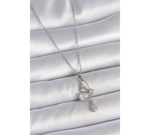 316L Çelik Gümüş Renk Zincir Damla Zirkon Taşlı Model Sallantı Detay Kadın Kolye - TJ-BKO10052