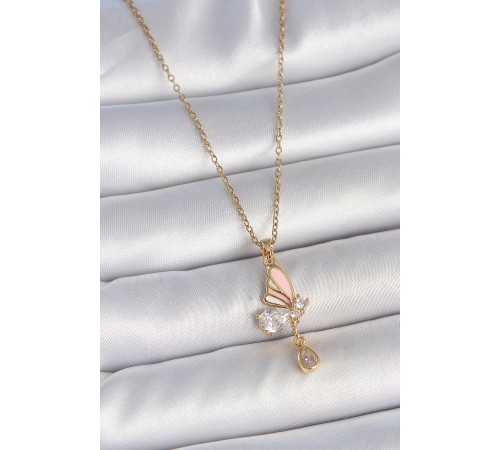 316L Çelik Gold Renk Zincir Damla Zirkon Taşlı Model Sallantı Detay Kadın Kolye - TJ-BKO10053