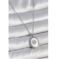 316L Çelik Gümüş Renk Beyaz Mineli Güneş İşlemeli Nazar Boncuk Detay Madalyon Model Kadın Kolye - TJ-BKO10054