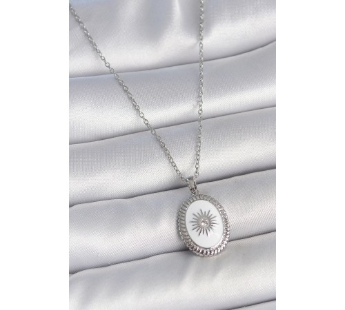 316L Çelik Gümüş Renk Beyaz Mineli Güneş İşlemeli Nazar Boncuk Detay Madalyon Model Kadın Kolye - TJ-BKO10054