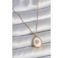 316L Çelik Gold Renk Zincir Beyaz Mineli Güneş İşlemeli Zirkon Taş Detaylı Madalyon Model Kadın Kolye - TJ-BKO10055