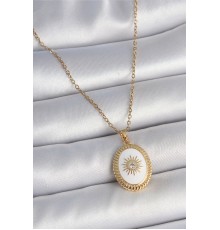 316L Çelik Gold Renk Zincir Beyaz Mineli Güneş İşlemeli Zirkon Taş Detaylı Madalyon Model Kadın Kolye - TJ-BKO10055