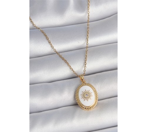316L Çelik Gold Renk Zincir Beyaz Mineli Güneş İşlemeli Zirkon Taş Detaylı Madalyon Model Kadın Kolye - TJ-BKO10055