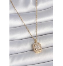 316L Çelik Gold Renk Zincir Kare Zirkon Taş Model Kadın Kolye - TJ-BKO10059