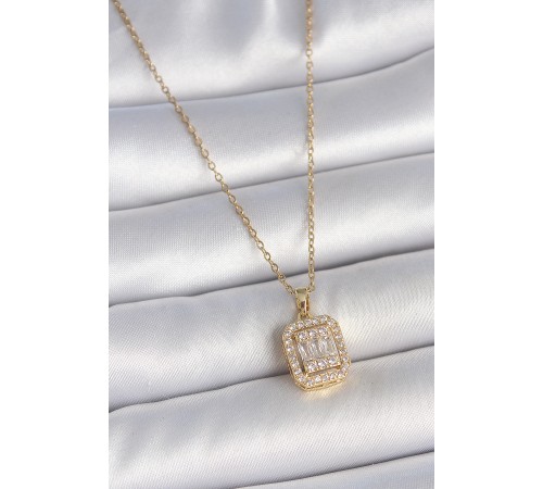 316L Çelik Gold Renk Zincir Kare Zirkon Taş Model Kadın Kolye - TJ-BKO10059