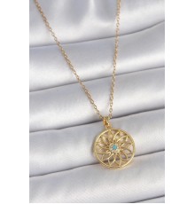 316L Çelik Gold Renk Zincr Mavi Taşlı Lotus Model Kadın Kolye - TJ-BKO10061
