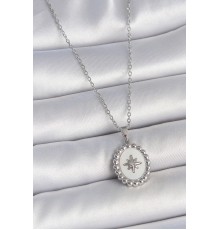 316L Çelik Gümüş Renk Zincir Beyaz Mineli Kutup Yıldız İşlemeli Madalyon Model Kadın Kolye - TJ-BKO10062