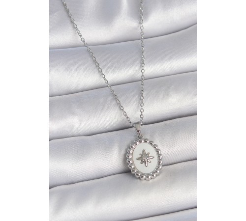 316L Çelik Gümüş Renk Zincir Beyaz Mineli Kutup Yıldız İşlemeli Madalyon Model Kadın Kolye - TJ-BKO10062