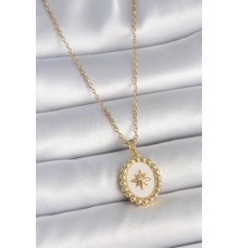 316L Çelik Gold Renk Zincir Beyaz Mineli Kutup Yıldız İşlemeli Madalyon Model Kadın Kolye - TJ-BKO10063