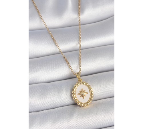 316L Çelik Gold Renk Zincir Beyaz Mineli Kutup Yıldız İşlemeli Madalyon Model Kadın Kolye - TJ-BKO10063
