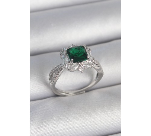 Pirinç Gümüş Renk Zirkon Taşlı Yeşil Tektaş Model Kadın Yüzük - TJ-BYK3710