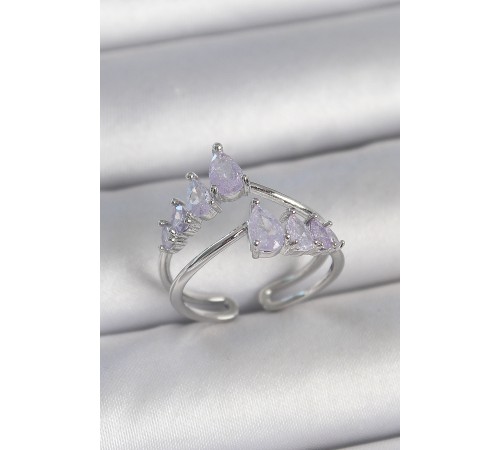 Pirinç Gümüş Renk Mor Damla Zirkon Taşlı Taç Model Kadın Yüzük - TJ-BYK3714