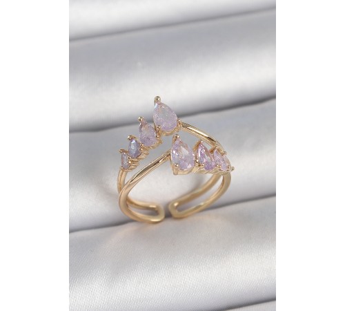 Pirinç Gold Renk Mor Damla Zirkon Taşlı Taç Model Kadın Yüzük - TJ-BYK3715