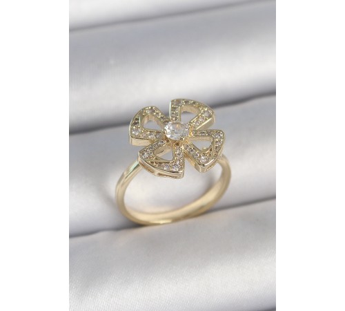 Pirinç Gold Renk Zirkon Taşlı Yonca Model Ayarlanabilir Kadın Yüzük - TJ-BYK3719