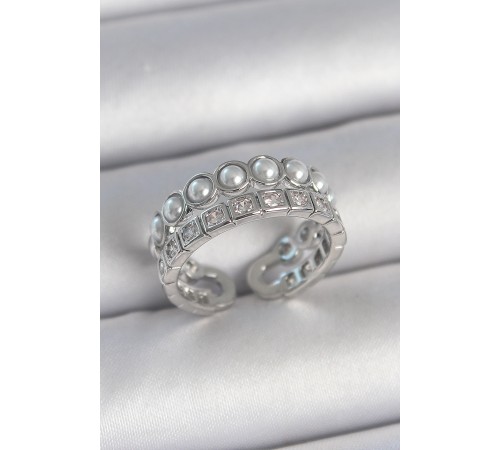 Pirinç Gümüş Renk 2'Li Sıra Zirkon Taşlı Ve İncili Ayarlanabilir Kadın Yüzük - TJ-BYK3720