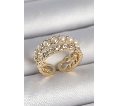 Pirinç Gold Renk 2'Li Zirkon Taşlı Ve İncili Ayarlanabilir Kadın Yüzük - TJ-BYK3721