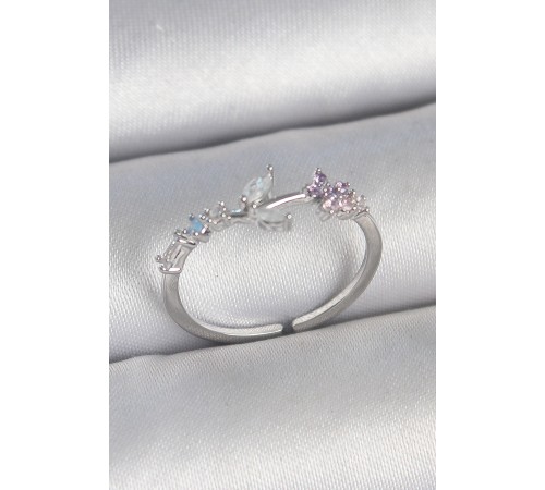 Pirinç Gümüş Renk Zirkon Taşlı Çiçek Model Ayarlanabilir Kadın Yüzük - TJ-BYK3722