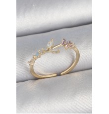 Pirinç Gold Renk Zirkon Taşlı Çiçek Model Ayarlanabilir Kadın Yüzük - TJ-BYK3723