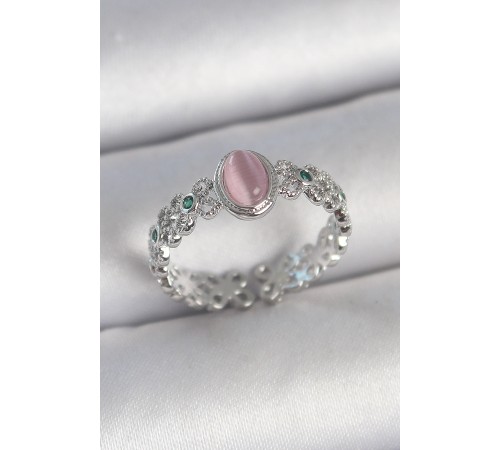 Pirinç Gümüş Renk Zirkon Taş Detaylı Pembe Mineli Damla Model Ayarlanabilir Kadın Yüzük - TJ-BYK3724
