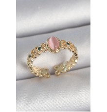 Pirinç Gold Renk Zirkon Taş Detaylı Pembe Mineli Damla Model Ayarlanabilir Kadın Yüzük - TJ-BYK3725