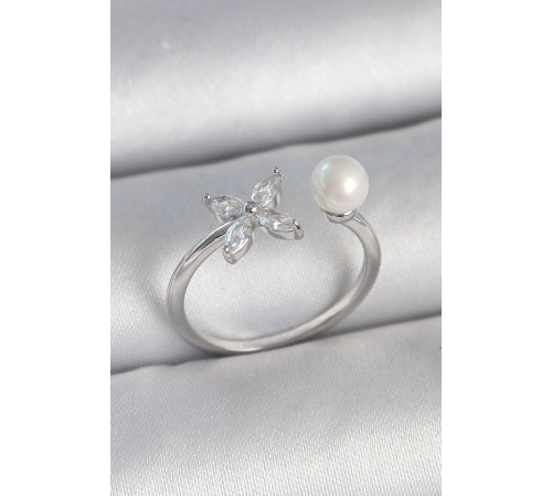 Pirinç Gümüş Renk Zirkon Taşlı Çiçek Model İnci Detay Ayarlanabilir Kadın Yüzük - TJ-BYK3726