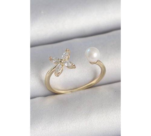 Pirinç Gold Renk Zirkon Taşlı Çiçek Model İnci Detay Ayarlanabilir Kadın Yüzük - TJ-BYK3727