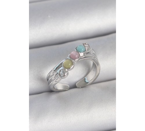 Pirinç Gümüş Renk Zirkon Taş Detaylı Renkli Mineli Ayarlanabilir Kadın Yüzük - TJ-BYK3728