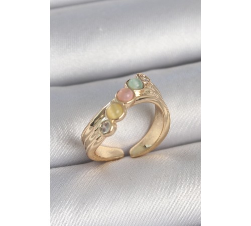 Pirinç Gold Renk Zirkon Taş Detaylı Karışık Mineli Ayarlanabilir Kadın Yüzük - TJ-BYK3729