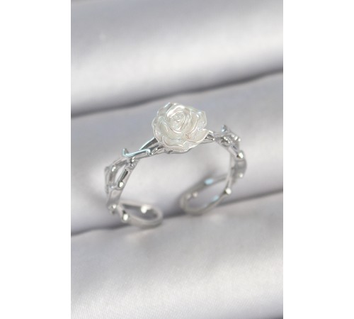 Pirinç Gümüş Renk Beyaz Gül Model Ayarlanabilir Kadın Yüzük - TJ-BYK3730