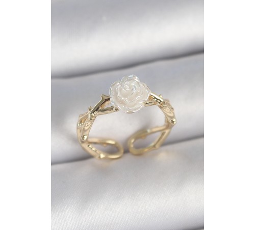 Pirinç Gold Renk Beyaz Gül Model Ayarlanabilir Kadın Yüzük - TJ-BYK3731