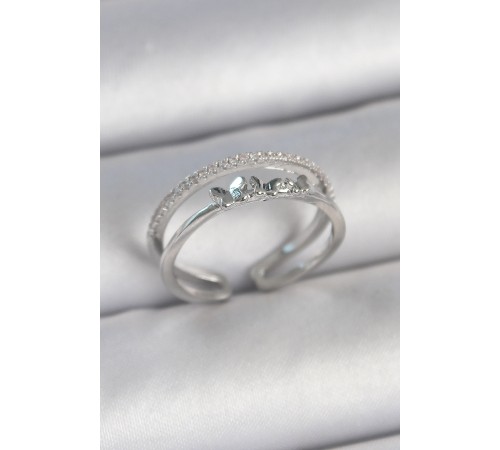 Pirinç Gümüş Renk 2'Li Zirkon Taş Detaylı Figür Ayarlanabilir Model Kadın Yüzük - TJ-BYK3732