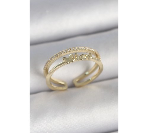 Pirinç Gold Renk 2'Li Sıra Zirkon Taş Detaylı Figürlü Ayarlanabilir Model Kadın Yüzük - TJ-BYK3733