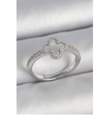 Pirinç Gümüş Renk Zirkon Taşlı Beyaz Mineli Yonca Model Ayarlanabilir Kadın Yüzük - TJ-BYK3736