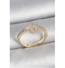 Pirinç Gold Renk Zirkon Taşlı Beyaz Mineli Yonca Model Ayarlanabilir Kadın Yüzük - TJ-BYK3737