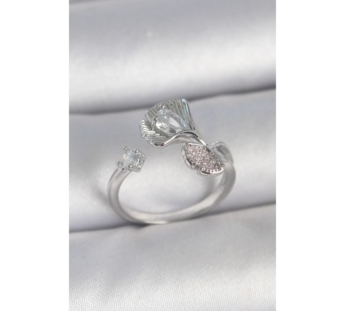 Pirinç Gümüş Renk Zirkon Taşlı Deniz Kabuğu Model Ayarlanabilir Kadın Yüzük - TJ-BYK3740