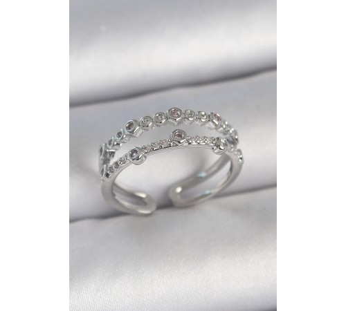 Pirinç Gümüş Renk 2'Li Zirkon Taşlı Ayarlanabilir Model Kadın Yüzük - TJ-BYK3742