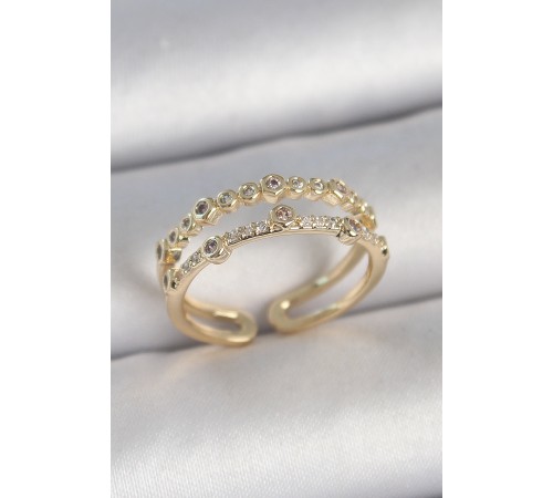 Pirinç Gold Renk 2'Li Sıralı Zirkon Taşlı Ayarlanabilir Model Kadın Yüzük - TJ-BYK3743