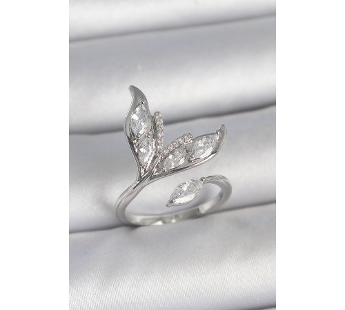 Pirinç Gümüş Renk Zirkon Taşlı Balık Kuyruğu Model Ayarlanabilir Kadın Yüzük - TJ-BYK3744