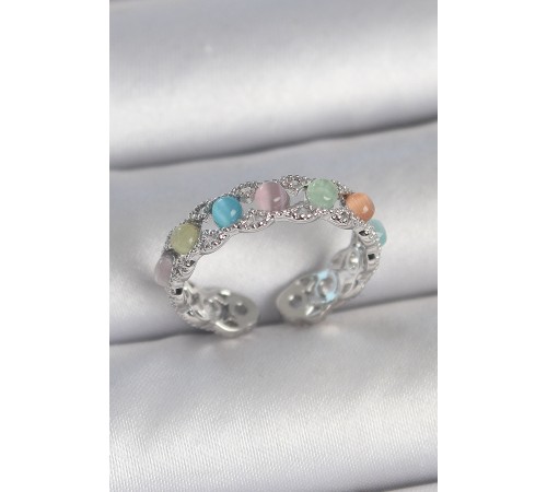 Pirinç Gümüş Renk Renkli Mineli Ayarlanabilir Kadın Yüzük - TJ-BYK3746