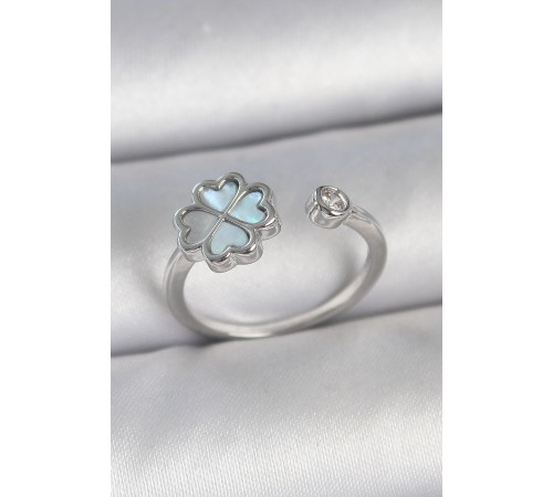 Pirinç Gümüş Renk Mavi Mineli Yonca Model Zirkon Taş Detay Ayarlanabilir Kadın Yüzük - TJ-BYK3750