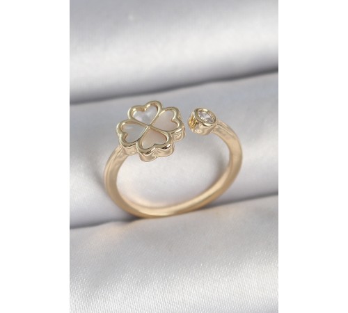 Pirinç Gold Renk Beyaz Mineli Yonca Model Zirkon Taş Detay Ayarlanabilir Kadın Yüzük - TJ-BYK3751