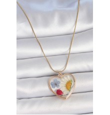 316L Çelik Gold Renk Zincir Kalp Epoksi Çiçek Model Kadın Kolye - TJ-BKO10064