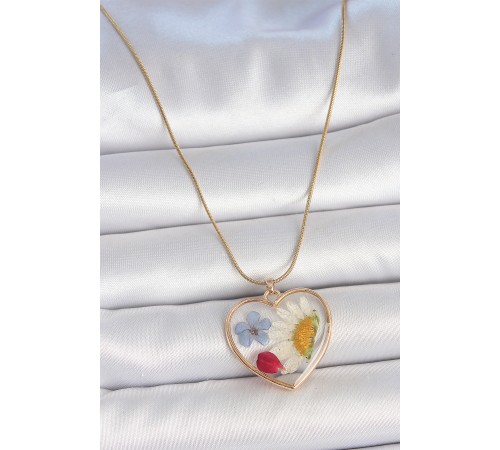 316L Çelik Gold Renk Zincir Kalp Epoksi Çiçek Model Kadın Kolye - TJ-BKO10064
