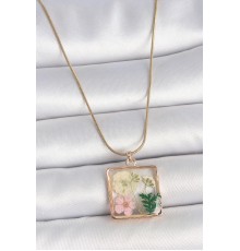 316L Çelik Gold Renk Zincir Kare Epoksi Çiçek Model Kadın Kolye - TJ-BKO10065