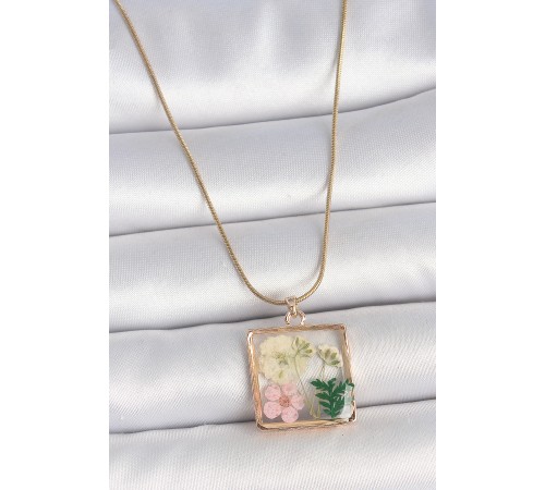 316L Çelik Gold Renk Zincir Kare Epoksi Çiçek Model Kadın Kolye - TJ-BKO10065