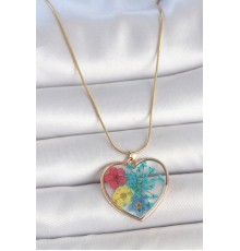 316L Çelik Gold Renk Zincir Kalp Epoksi Renkli Çiçek Model Kadın Kolye - TJ-BKO10066