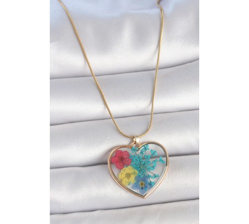 316L Çelik Gold Renk Zincir Kalp Epoksi Renkli Çiçek Model Kadın Kolye - TJ-BKO10066