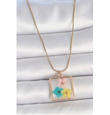 316L Çelik Gold Renk Zincir Kare Epoksi Renkli Çiçek Model Kadın Kolye - TJ-BKO10067