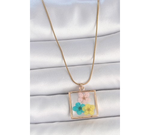 316L Çelik Gold Renk Zincir Kare Epoksi Renkli Çiçek Model Kadın Kolye - TJ-BKO10067