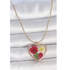 316L Çelik Gold Renk Zincir Epokis Kalp Doğal Çiçek Model Kadın Kolye - TJ-BKO10068